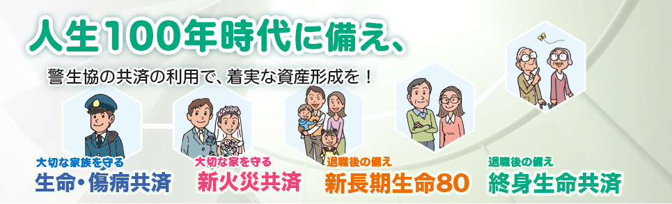 人生100年時代に備えて　警生協の共済の利用で、着実な資産形成を！　大切な家族を守る生命共済　大切な家を守る新火災共済