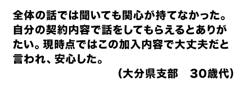 全体の話では聞いても関心が持てなかった。自分の契約内容で話をしてもらえるとありがたい。現時点ではこの加入内容で大丈夫だと言われ、安心した。（大分県支部　30歳代）